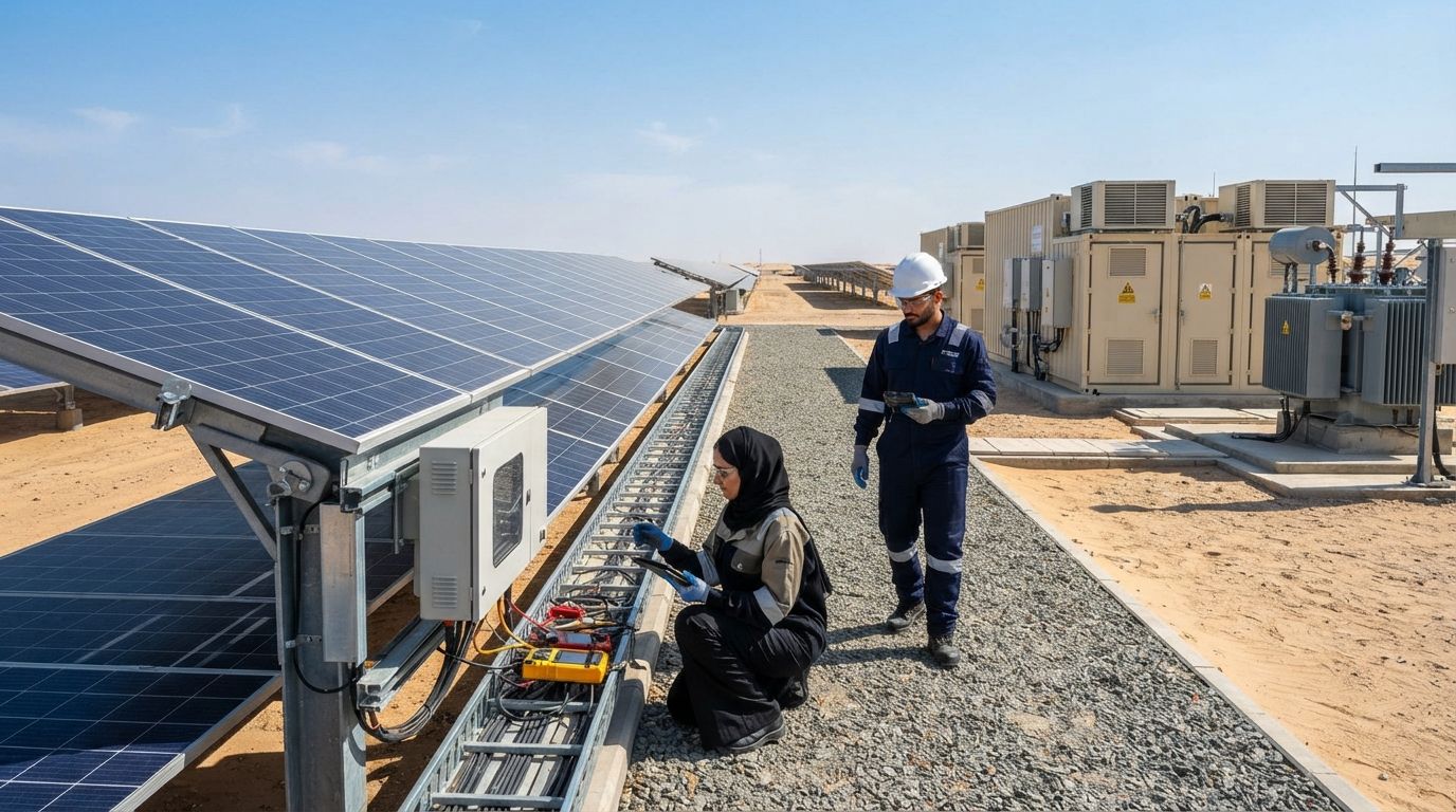 Rows of solar photovoltaic panels stretch across a desert solar plant with battery storage containers visible in the background.