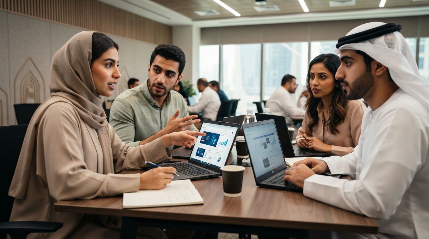 Young professionals sit at laptops in a modern training room, viewing an e-learning platform with AI-related course modules during a business workshop.