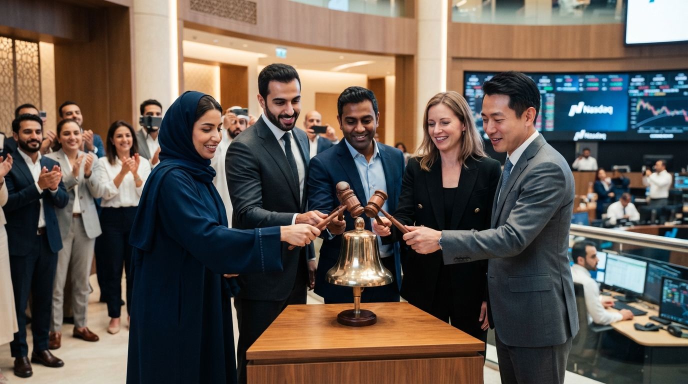 Officials ring the market-opening bell at Nasdaq Dubai to mark a green bond listing.