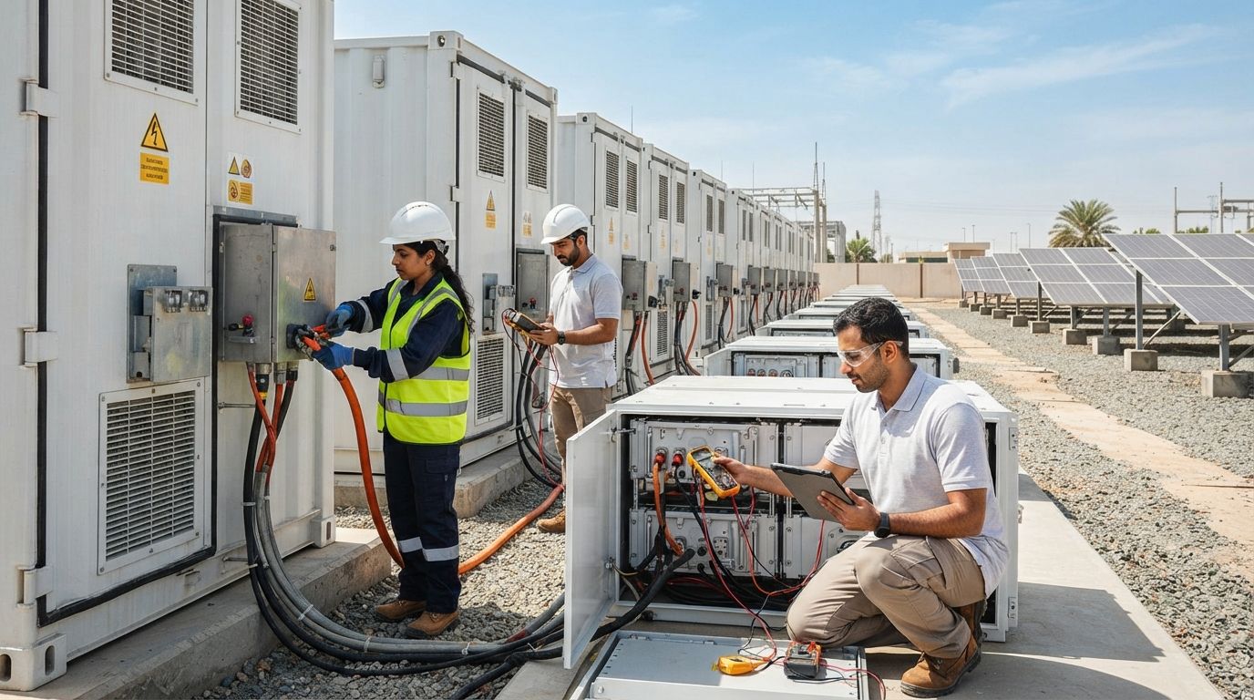 Rows of large battery energy storage containers connected by cables at an outdoor industrial site.