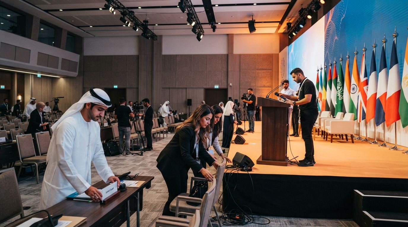A conference hall set up for an international media summit with seating arranged for ministers and delegates, screens and Arabic and English signage in the background.