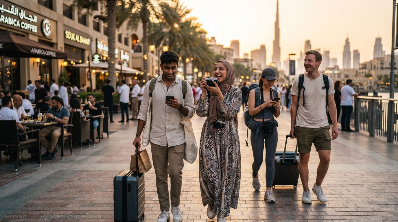 Tourists walking through a Gulf destination with luggage, cameras, and shopping bags amid modern architecture.