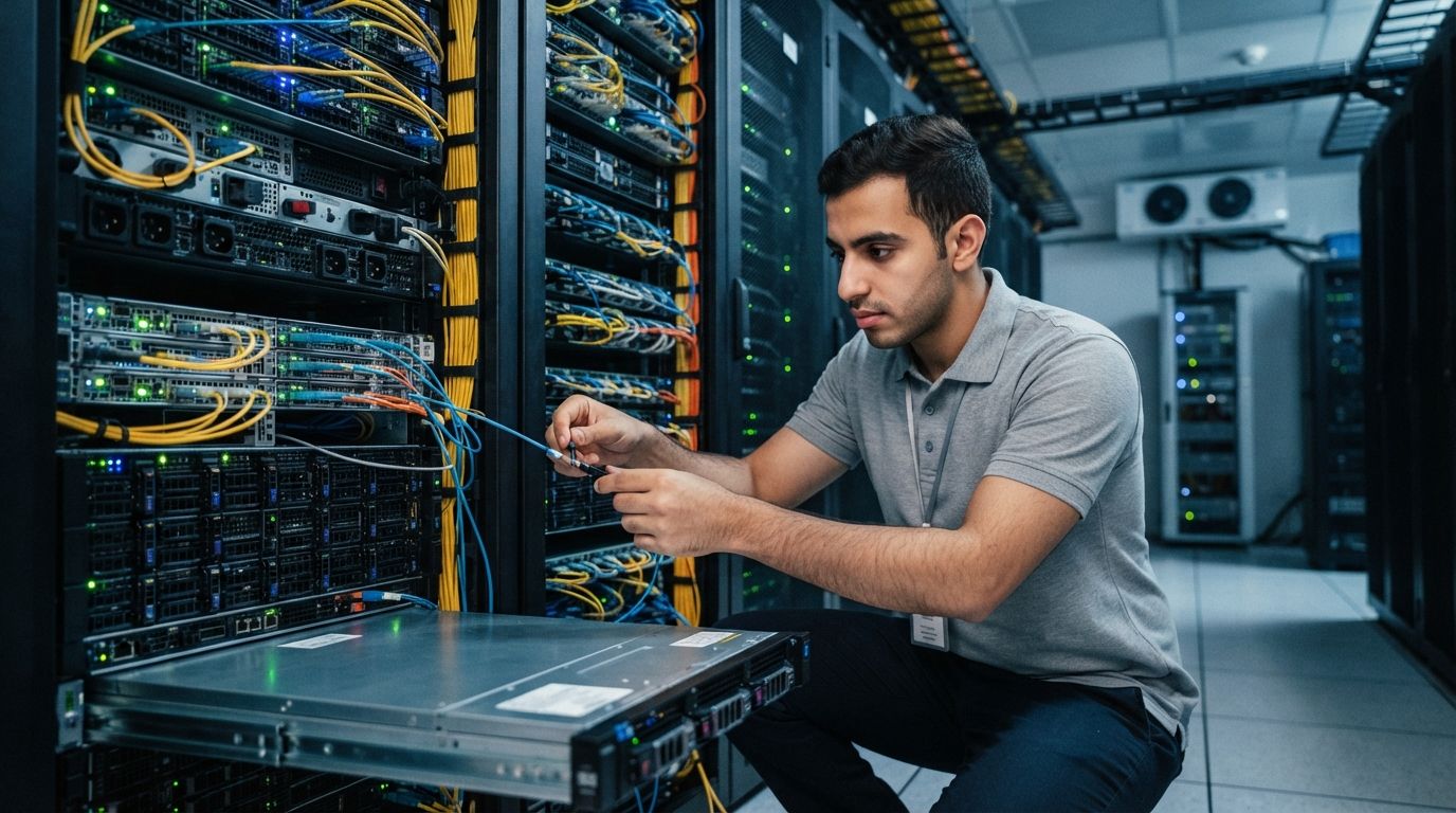 Rows of computer server racks and semiconductor chips inside a data center, with cables and cooling infrastructure visible.