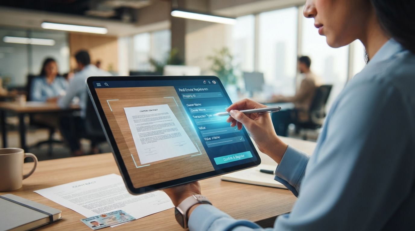A tablet screen displaying a real estate registration platform interface with document fields being scanned and populated, set on an office desk.