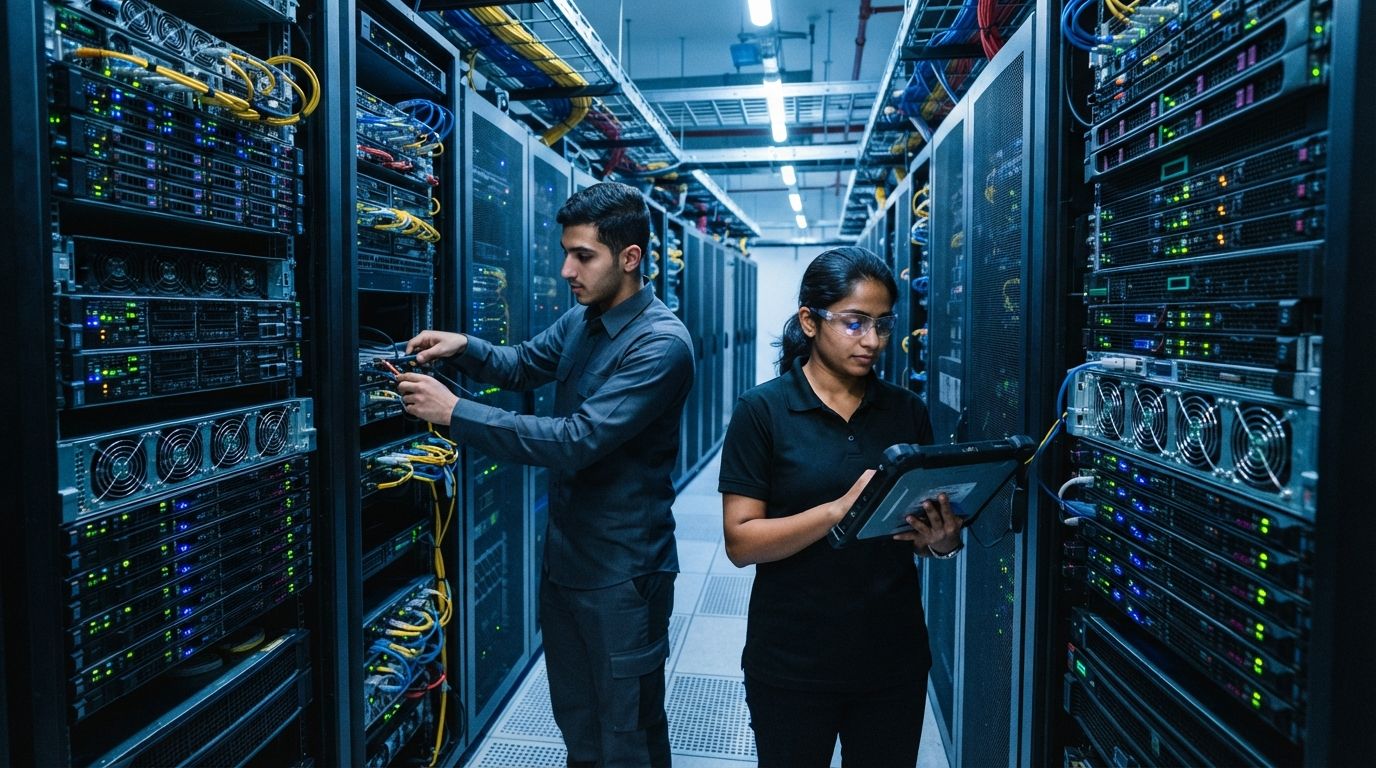 Rows of server racks and cabling inside a modern data center facility, with technicians working among the equipment.