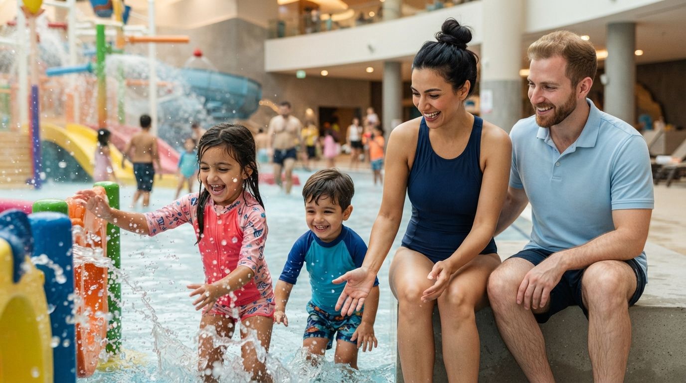 Families enjoying an indoor water play attraction in Dubai during summer, with children splashing and parents watching nearby.