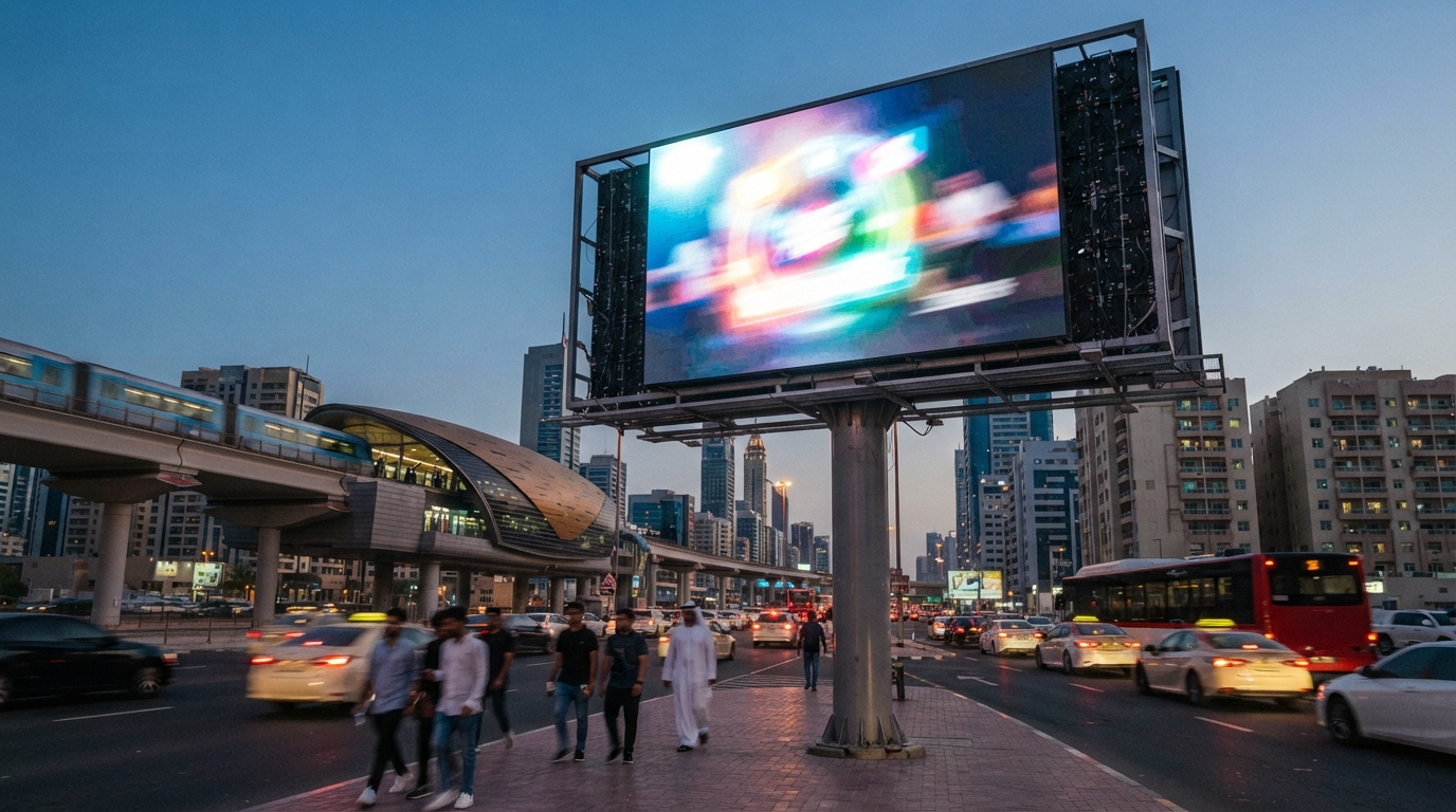 A digital advertising billboard mounted on a unipole beside a busy Dubai road, with a Dubai Metro station visible in the background.