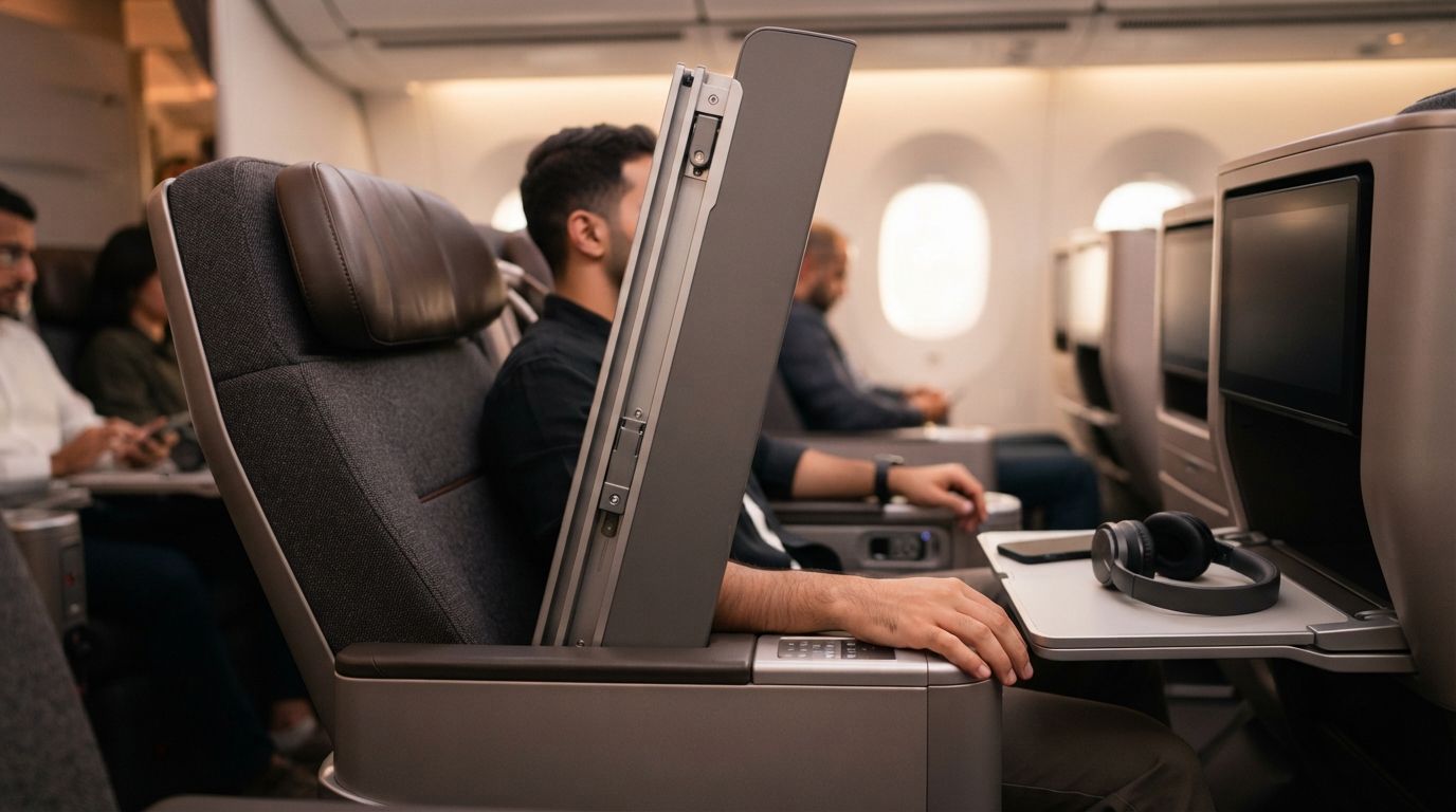 A close-up view of an airplane Premium Economy seat with a raised full-height privacy screen, leather headrest and integrated tray table.