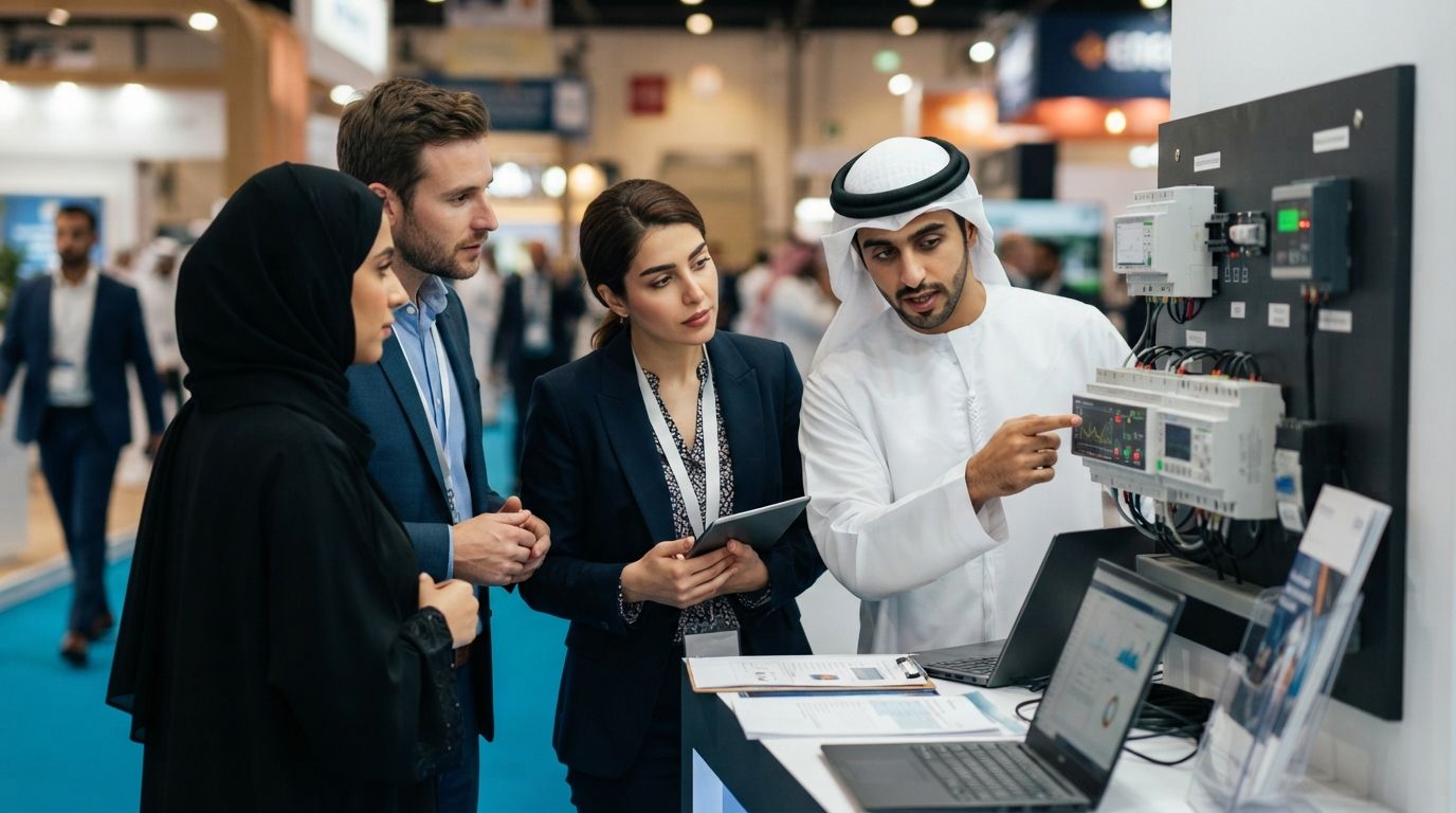 Energy professionals gather around a table reviewing energy-efficiency technology displays at an industry event in Dubai.