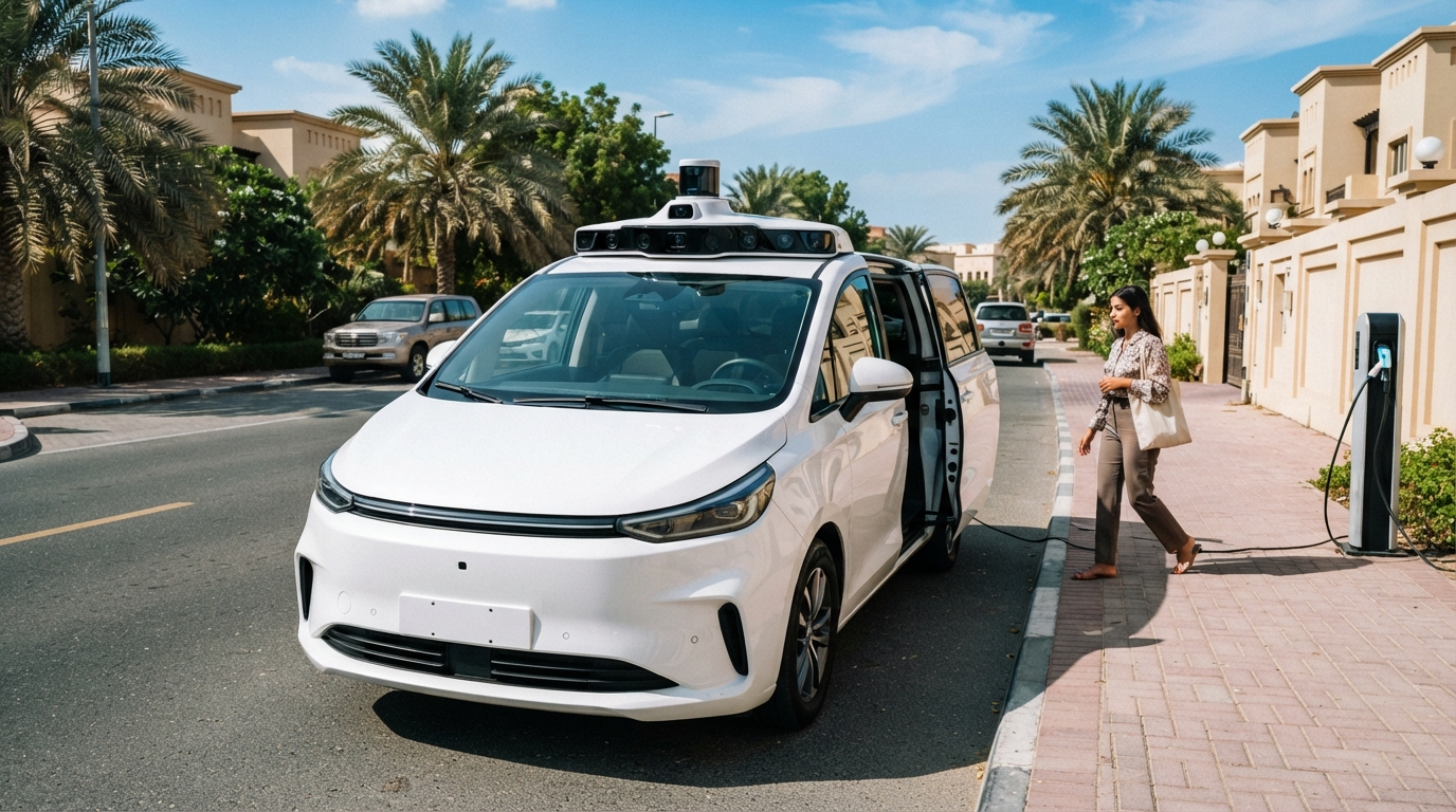 A white Apollo Go RT6 driverless robotaxi parked on a Dubai street with no driver visible inside, sensor pods mounted on its roof and corners.